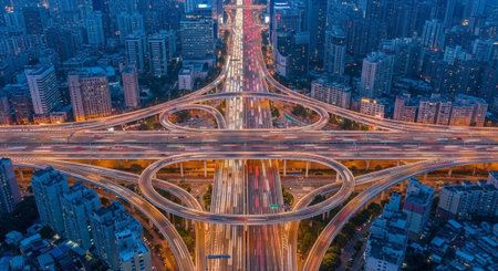 Aerial view of a bustling cityscape with a complex highway interchange at dusk