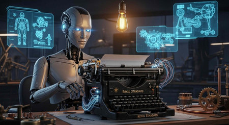 A futuristic robot writes on a vintage typewriter in a dark workshop with glowing blue screens
