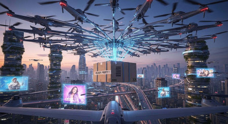 A futuristic cityscape with flying drones and sleek skyscrapers at dusk or twilight