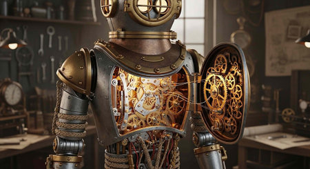 A steampunk robot stands in a workshop with intricate mechanical gears and brass components exposedの写真素材