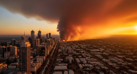 Aerial view of a cityscape with a massive fire and smoke at sunset