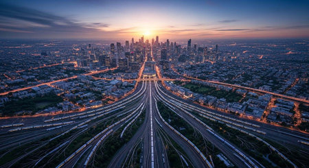 Aerial view of a bustling city at sunset with a complex highway system