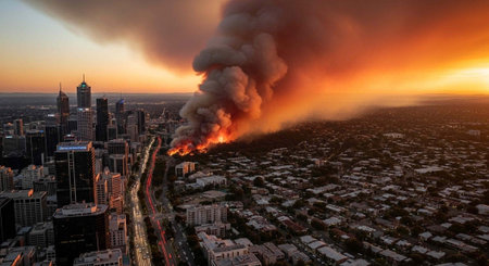 Aerial view of a city on fire with a massive plume of smoke at sunset