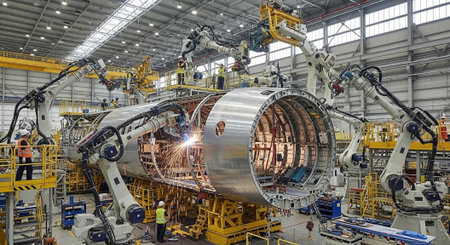 Industrial robots welding a large metal structure in a modern factory with workers present