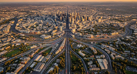 Aerial view of a bustling city with a complex highway system at sunset