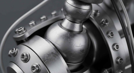 A close-up view of a metallic mechanical component with bolts and screws