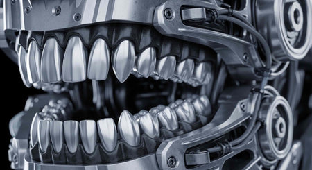 A close-up view of a robotic mouth with metallic teeth and mechanical components