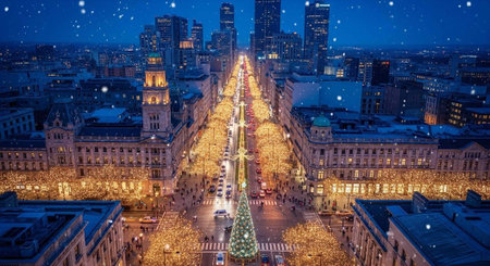 Aerial view of a festively decorated city street at night with a Christmas tree and snowfall