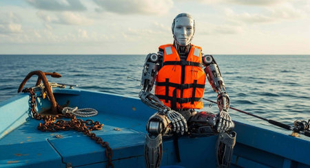 A robot sits on a blue boat wearing an orange life vest, surrounded by calm ocean and cloudy sky.の写真素材