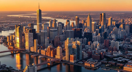 High-rise buildings and skyscrapers reflect golden sunset light, surrounded by water and bridgeの写真素材
