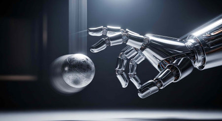 A robotic hand reaching for a metallic sphere in a dark room with a spotlight