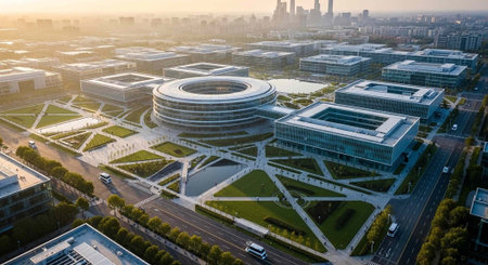 Aerial perspective of a contemporary city featuring sleek buildings, roads, and lush green areas at...