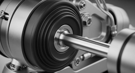 Close-up of a metal machine part with a black rubber pulley and silver shaft, featuring bolts and...
