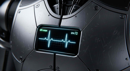 A close-up view of a futuristic robotic heart rate monitor displaying vital signs
