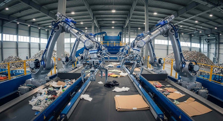 A large industrial warehouse with robotic arms sorting recyclables on conveyor beltsの写真素材