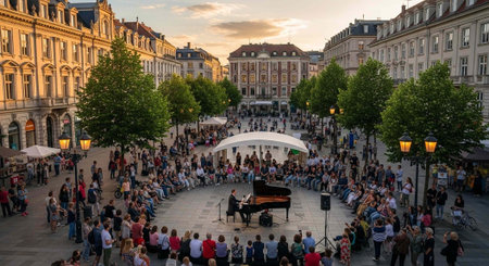A crowd gathers around a grand piano in a city square surrounded by buildings and trees at sunset.