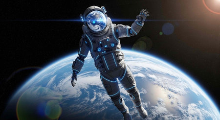 An astronaut floats in space with the Earth visible in the background and sun shining brightly