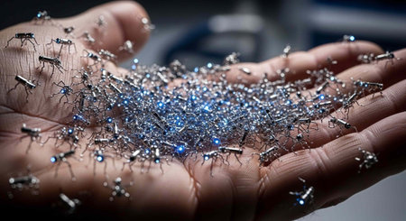 A person holds tiny robots and microchips in their hand for technological innovation and...