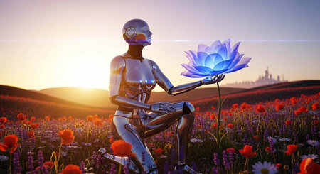 A serene robot sits in a vibrant flower field holding a glowing blue lotus at sunsetの写真素材