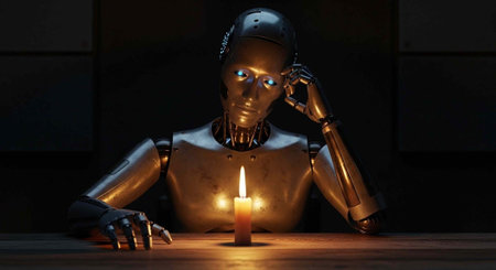 A metallic robot sits at a wooden table with a lit candle, appearing contemplative in a dark room.