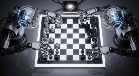 A robotic chess game with two mechanical arms making a move on a glowing boardの写真素材