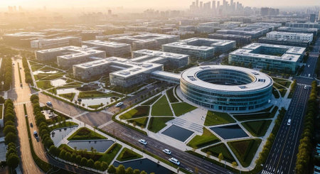 Aerial view of a modern city with a large circular building, surrounded by green spaces and roads with cars.の写真素材