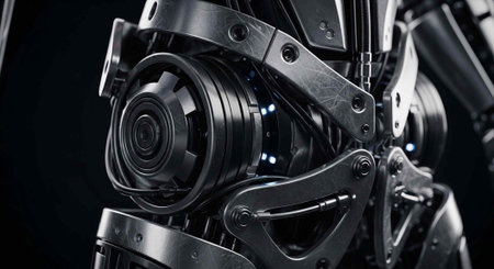 A detailed view of a robot's head with metallic parts, bolts, and a dark atmosphere