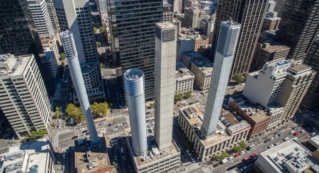 High-rise buildings and skyscrapers dominate the cityscape in this aerial view of Toronto's modern...