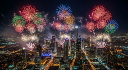 A vibrant cityscape at night with a stunning fireworks display illuminating the sky