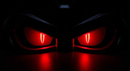 3d rendering of a robot head in a dark room with red lightsの写真素材