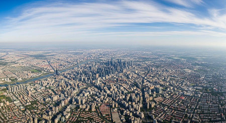 Aerial city view with crossroads and roads, houses, buildings, parks and parking lots, bridges. Urban landscape. Panoramic image.の写真素材