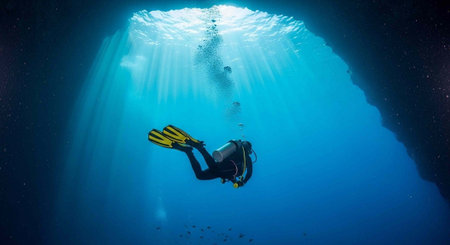 A scuba diver swims through a dark underwater cave illuminated by sunlight shining through the water above
