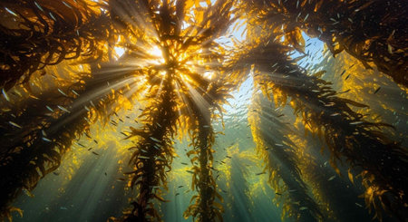 Underwater scene of sunlight rays penetrating through kelp forest with small fish swimming amidst seaweed.
