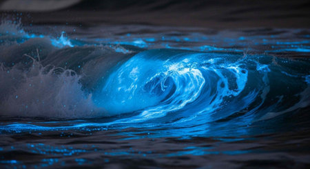 A large blue ocean wave curls and crashes with white foam and spray in a dark water setting.