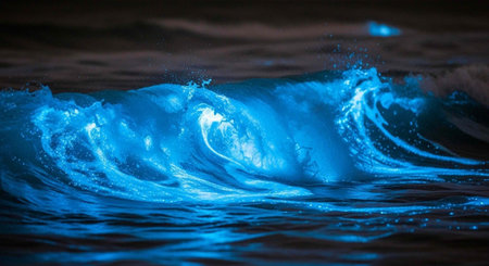 A vibrant blue wave crashes in dark water with bright light shining through the ocean surface at night.