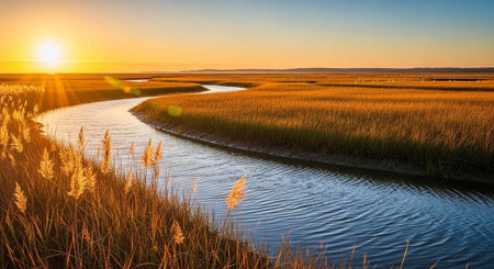 Peaceful landscape of a meandering river flowing through a grassy marsh at sunset with warm golden light