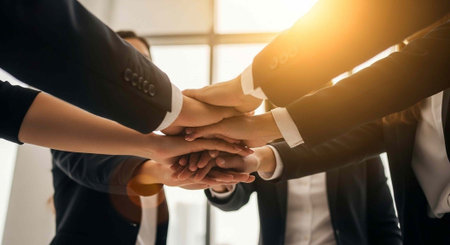 Close-up of diverse business professionals stacking hands in a symbol of teamwork and collaboration in an office.