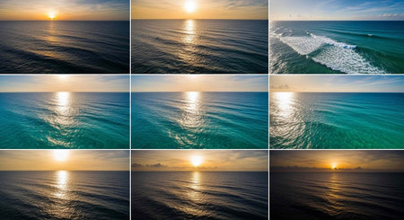 A collage of photos of the sea and the sun at sunset