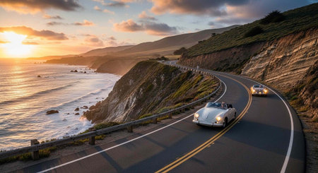 Winding road along ocean cliffs with two white sports cars driving into sunset with cloudy sky