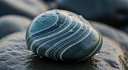 Close-up of a smooth, gray rock with white stripes, sitting on wet stones with water droplets.