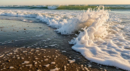 Foamy waves on the beach at sunset.
