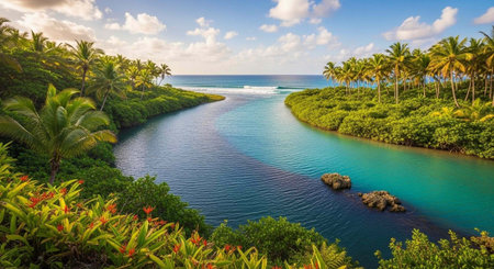 Serene tropical landscape with a winding river, palm trees, and vibrant greenery meeting the ocean.
