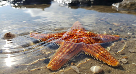 A vibrant orange starfish with spines lies on a sandy beach with shallow water and scattered pebbles.