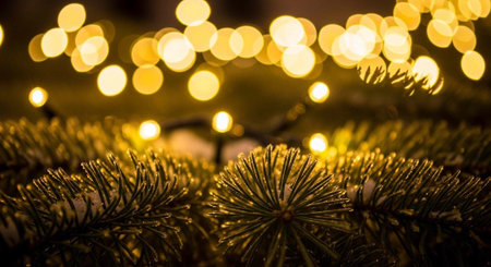 A close-up of a Christmas tree with warm golden lights in the background