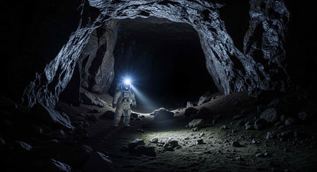 Person in spacesuit standing in cave entrance with headlamp shining, surrounded by rocks and rugged landscape