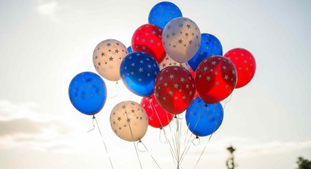 A bunch of colorful balloons in red, white, and blue hues with star patterns float against a cloudy sky