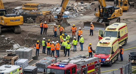 Workers in hard hats and safety vests gather near emergency vehicles at a construction site with heavy machinery