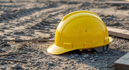 A yellow hard hat sits on a construction site with gravel, rocks, and wooden planks nearby.