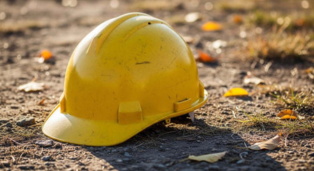 A yellow hard hat sits on dirt ground surrounded by autumn leaves and small rocks