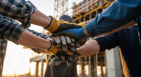 Close-up of workers' hands in gloves stacked together in front of a construction site at sunset